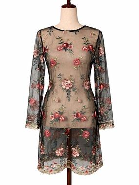 Sheer black embroidered floral dress/ lingerie- slip. No stretch- M